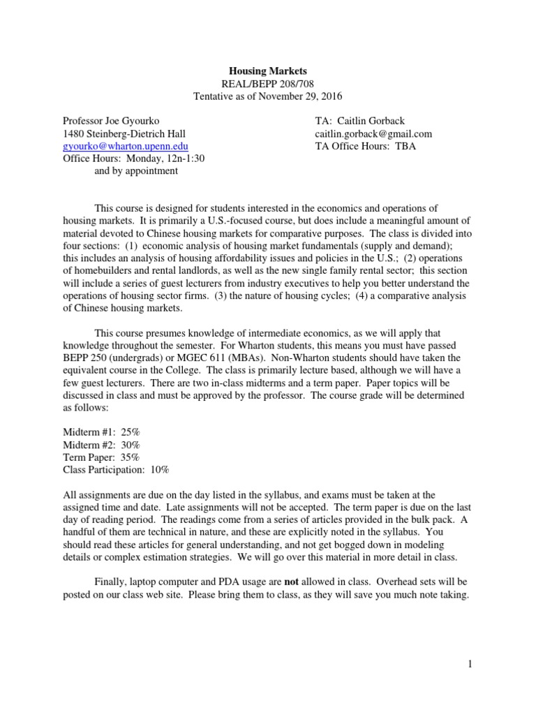 Gyourkowharton Upenn.edu Housing Markets PDF Real Estate