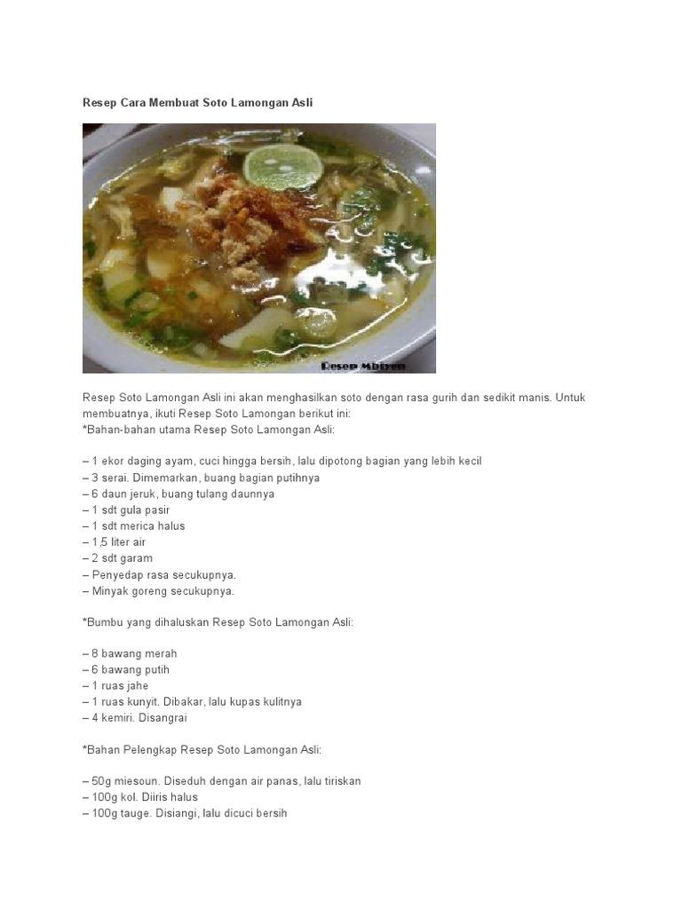 Resep Cara Membuat Soto Lamongan Asli | PDF