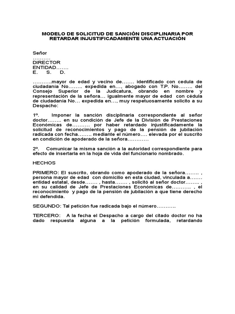 Modelo de Solicitud de Sanción Disciplinaria Por Retardar in  PDF