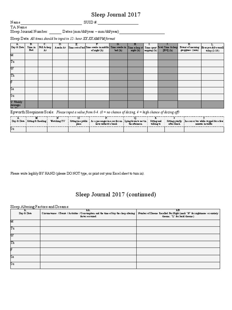 Sleep Journal 2017 Name TA Name Suid Sleep Journal Number Dates