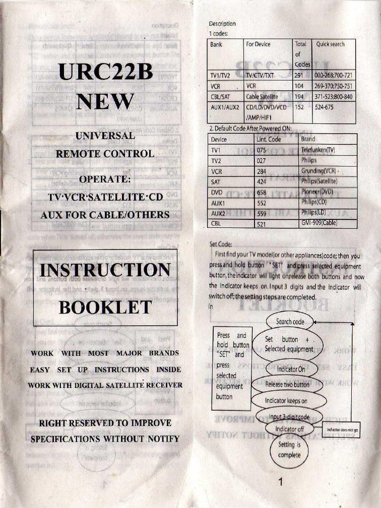 URC22B Universal Remote Control (Instruction Booklet)