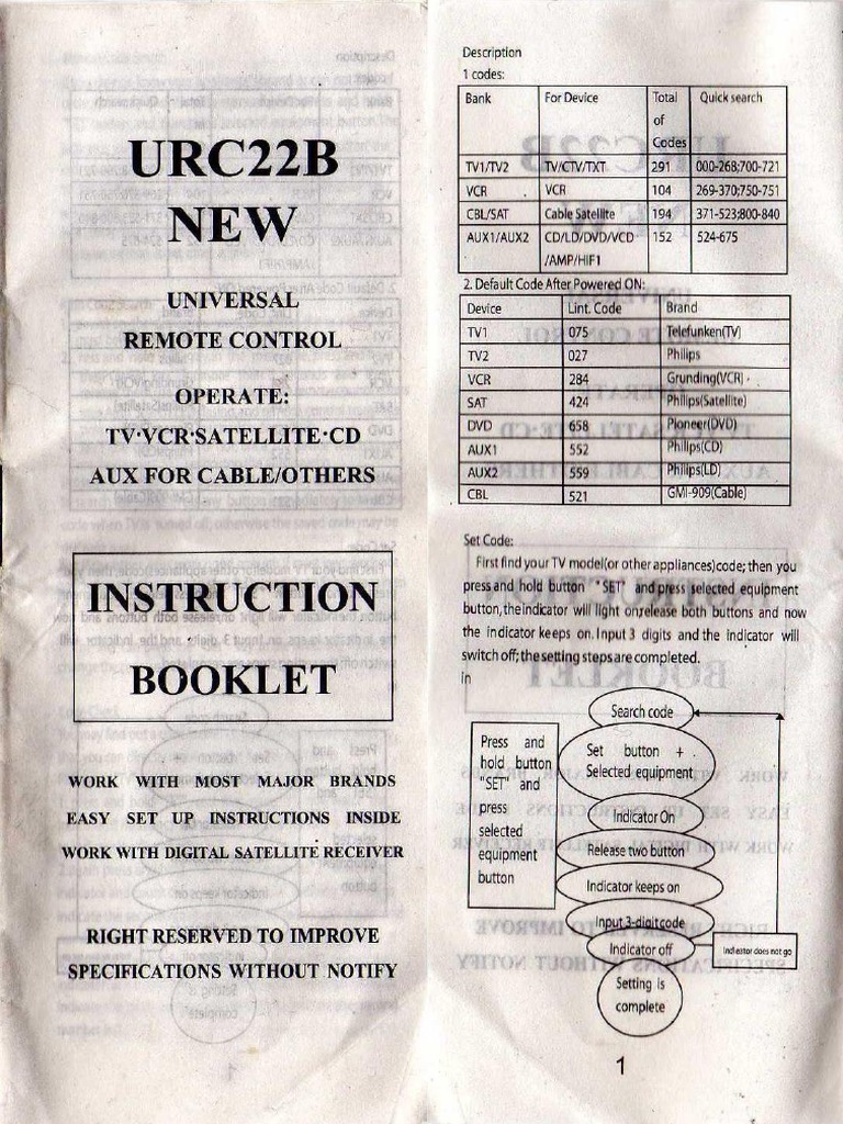 Urc22b Universal Remote Control Instruction Booklet