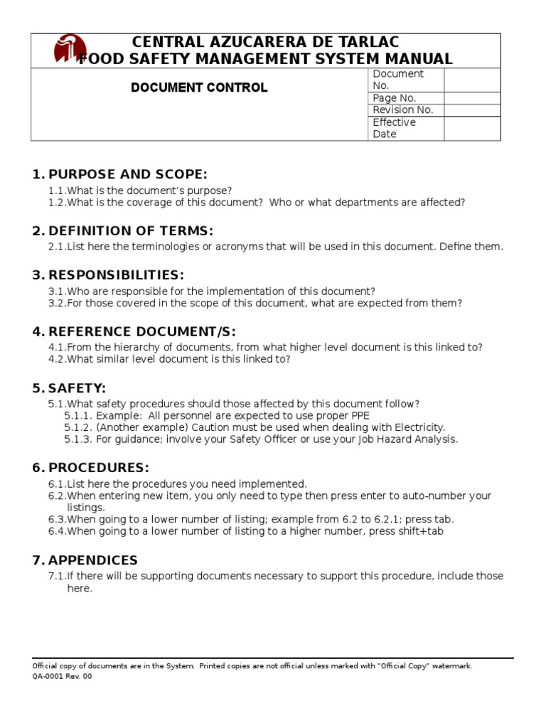 Food Safety Management System Manual | PDF | Personal Protective ...