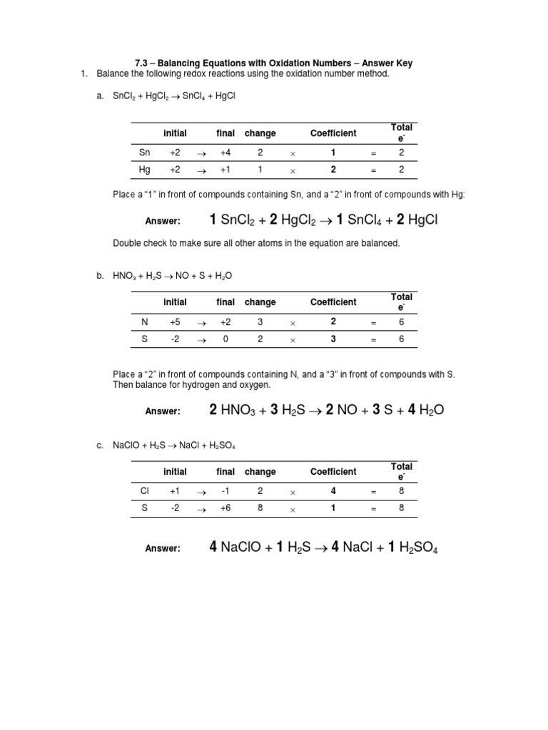 Chemistry 30 7 3 Balancing Equations With Oxidation Numbers Worksheet Key Redox Chlorine