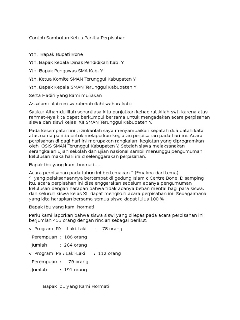 Contoh Sambutan Ketua Panitia Perpisahan