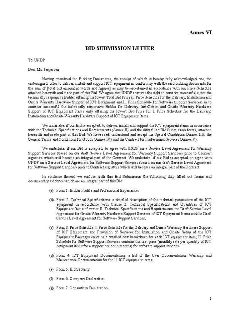 Annex VI Bid Submission Letter New Specification (Technical Standard