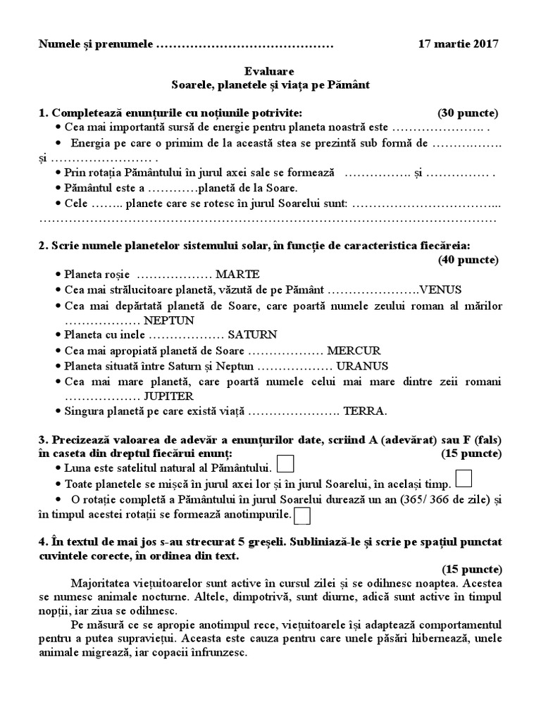 Fisa De Lucru Planetele Sistemului Solar Test Stiinte Sistemul Solar | PDF