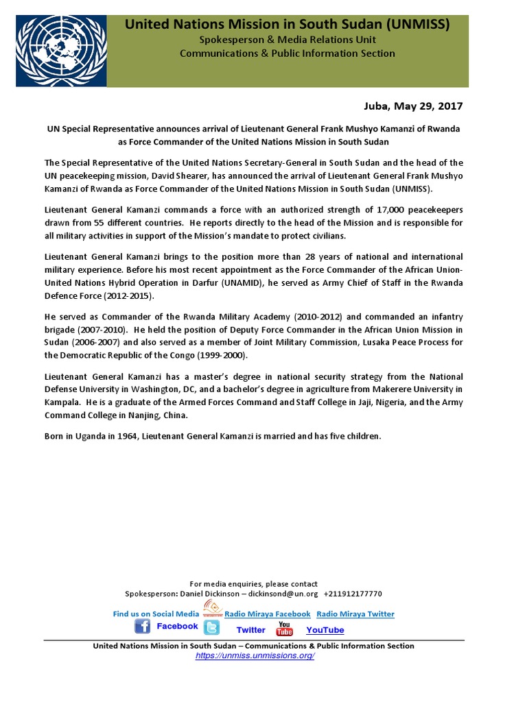 United Nations Mission in South Sudan (UNMISS) Force Commander ...