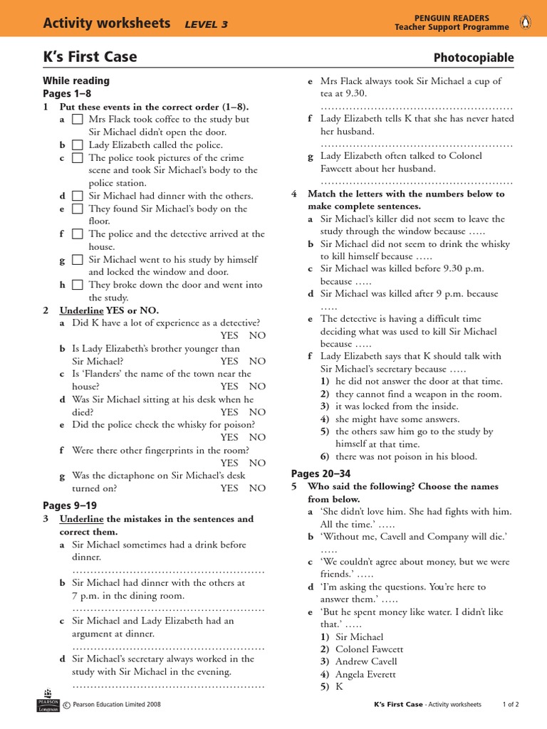 K's First Case Activity Worksheets | PDF | Violence