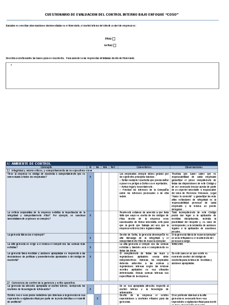 Cuestionario COSO de Control Interno | PDF | Auditoría financiera ...