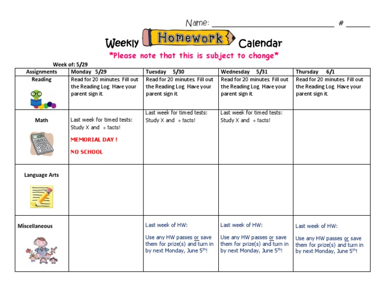 Weekly Calendar and Assignments Guide | PDF