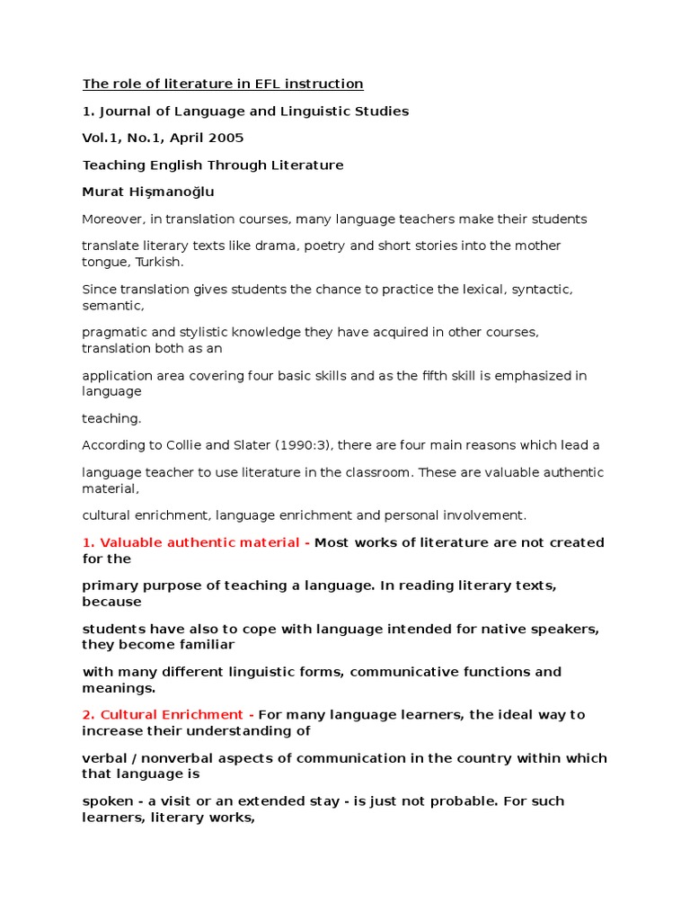 The Role of Literature in EFL Instruction | PDF | English As A Second ...