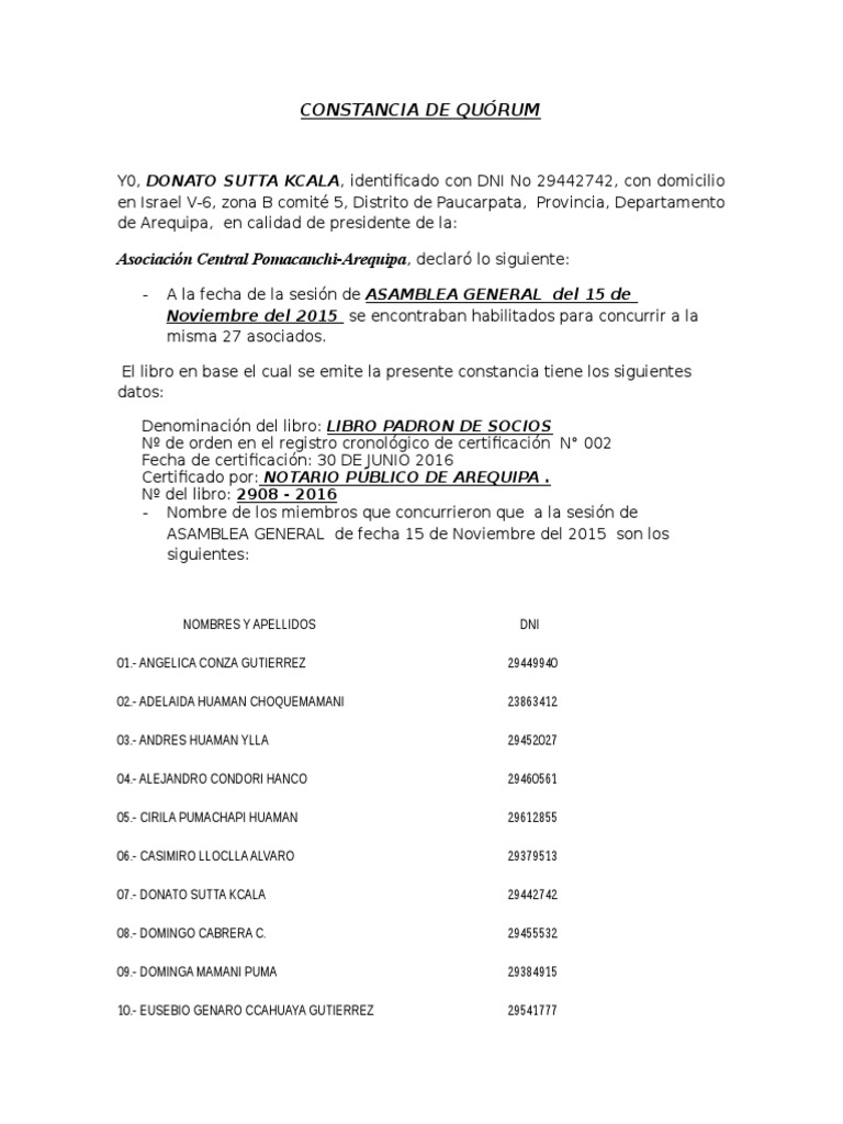 Constancia de Quórum Pomacanchi | PDF
