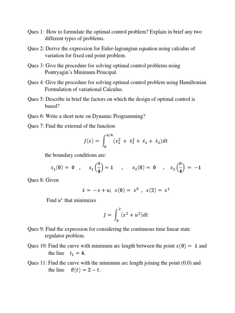 Control Question PDF Optimal Control Calculus Of Variations
