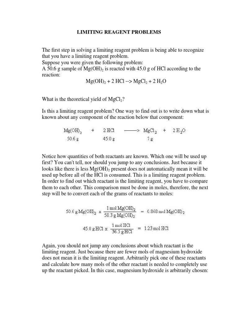 Limiting Reagent Problem Solving | PDF | Mole (Unit) | Chlorine