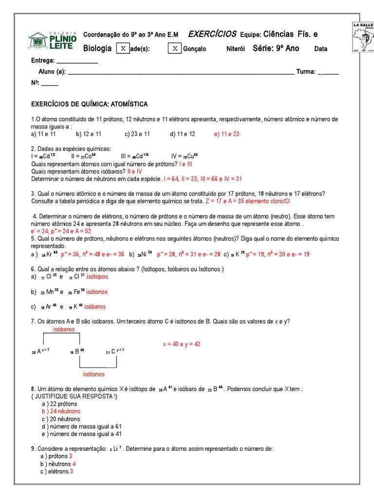 Exercícios sobre a estrutura atômica e propriedades dos átomos | PDF ...