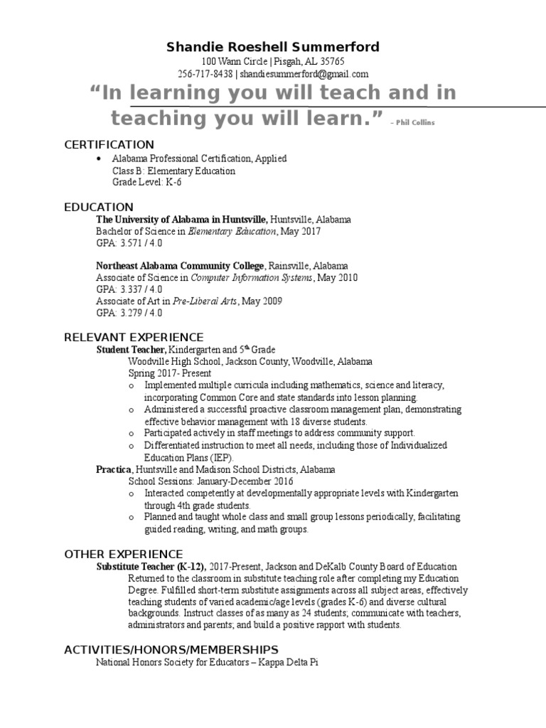 Resume PDF University Of Alabama Teachers