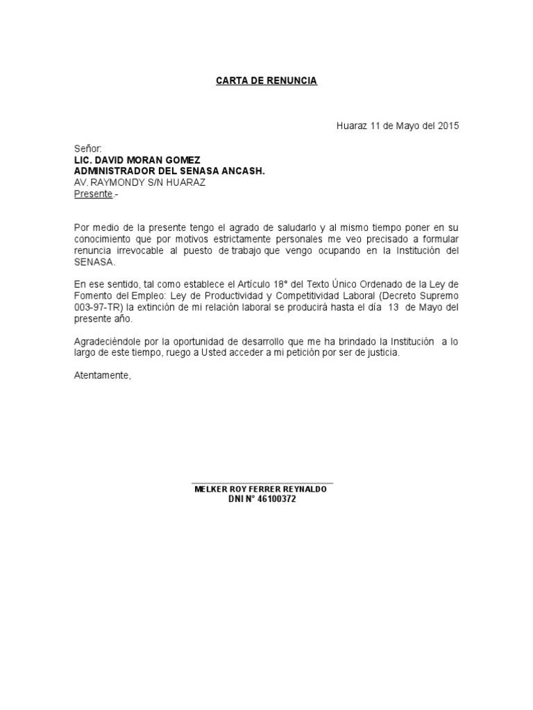 Modelo Carta Renuncia Con Preaviso Laboraperu  Gobierno  Política