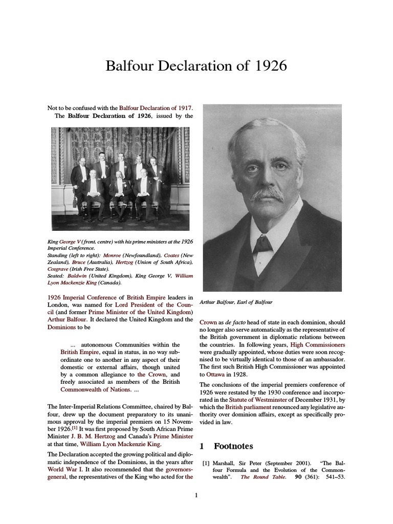 The Balfour Declaration of 1926: A Pivotal Moment in Establishing Dominion  Autonomy within the British Commonwealth | PDF | Politics Of Canada |  Kingdoms