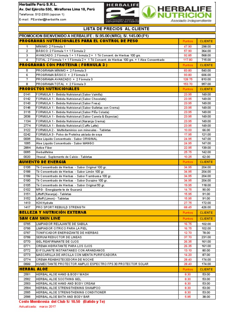 Lista de Precios Herbalife Marzo 2017 Publico1 PDF Deportes Ocio