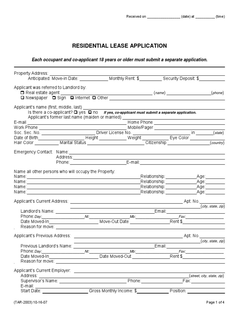 Texas Residential Lease Application Form | PDF | Lease | Leasehold Estate