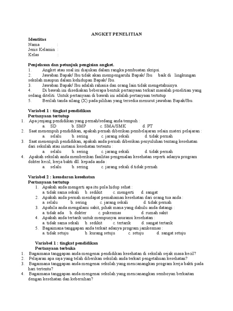 Contoh Angket Tingkat Pendidikan Orang Tua Terkait