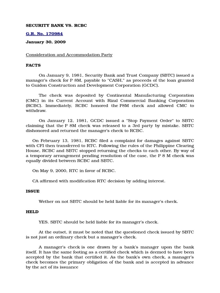 Security Bank vs. RCBC Case Summary | PDF | Business