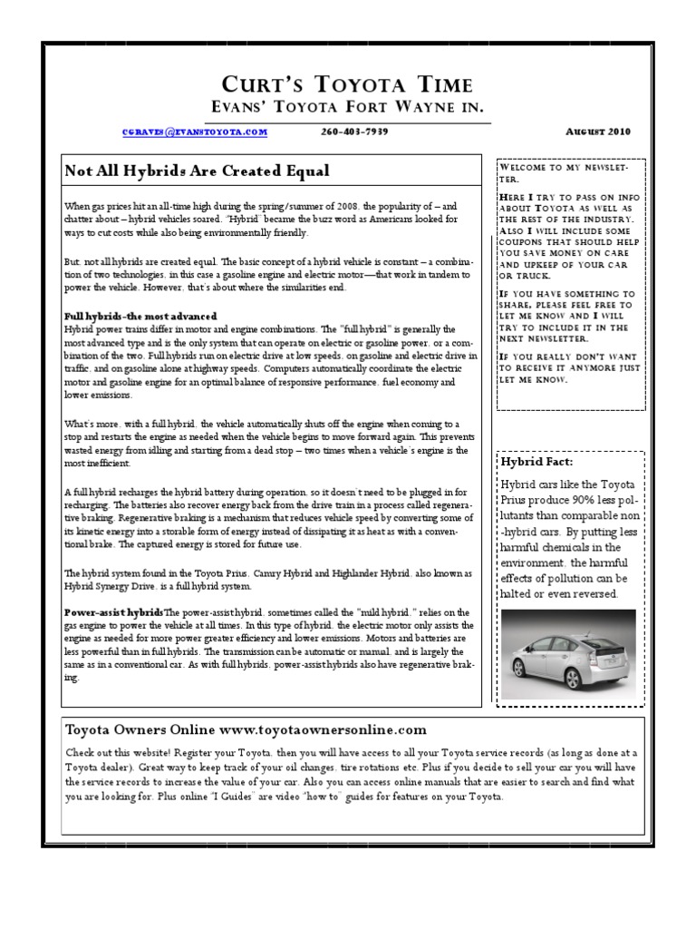 Curt's Aug Newsletter | PDF | Hybrid Vehicle | Green Vehicles
