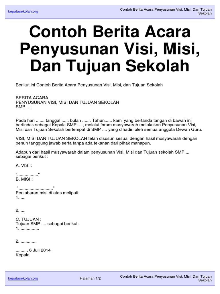 Download Contoh Berita Acara Penyusunan Visi Misi Dan Tujuan Sekolah Kepalasekolah Org