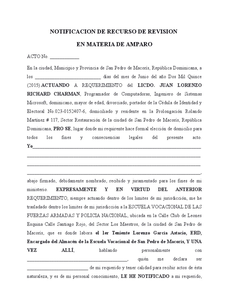 Notificación de Recurso de Revisión Amparo | PDF | República Dominicana ...