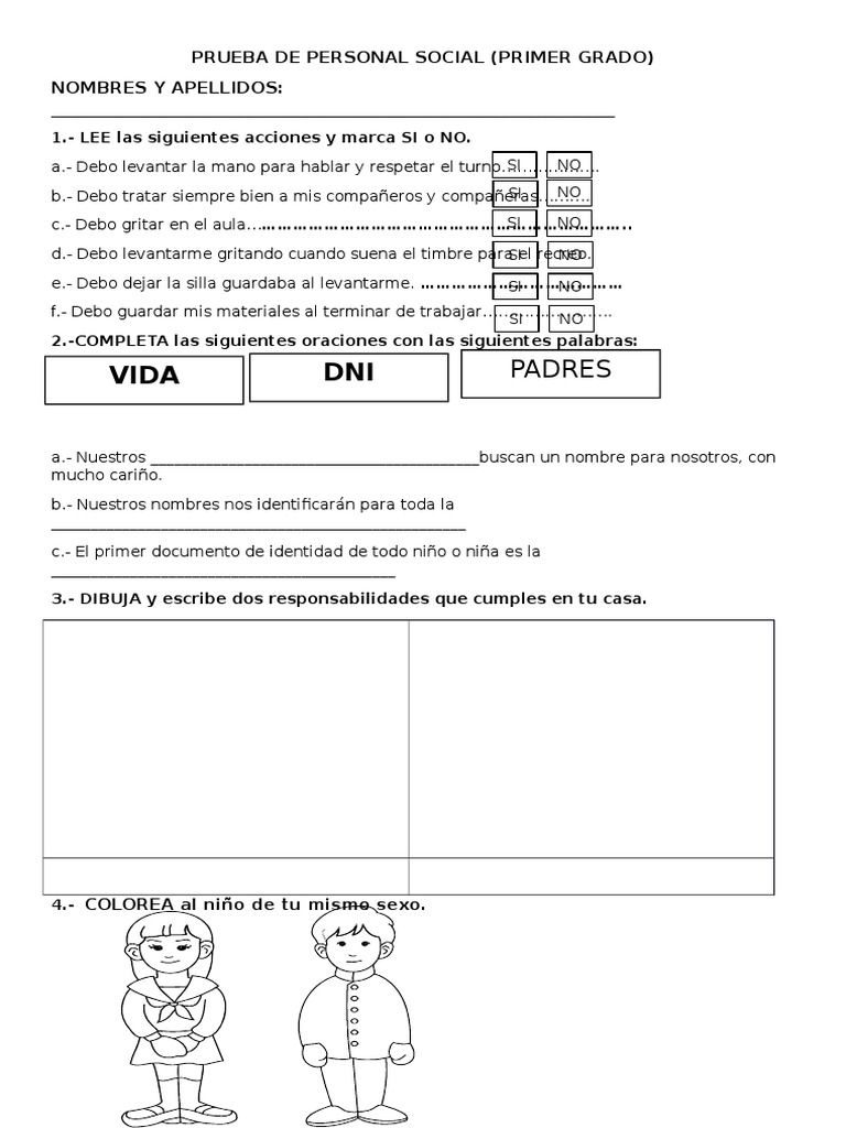 Examen de Personal Social 1er Grado | PDF | Artes del Lenguaje y ...