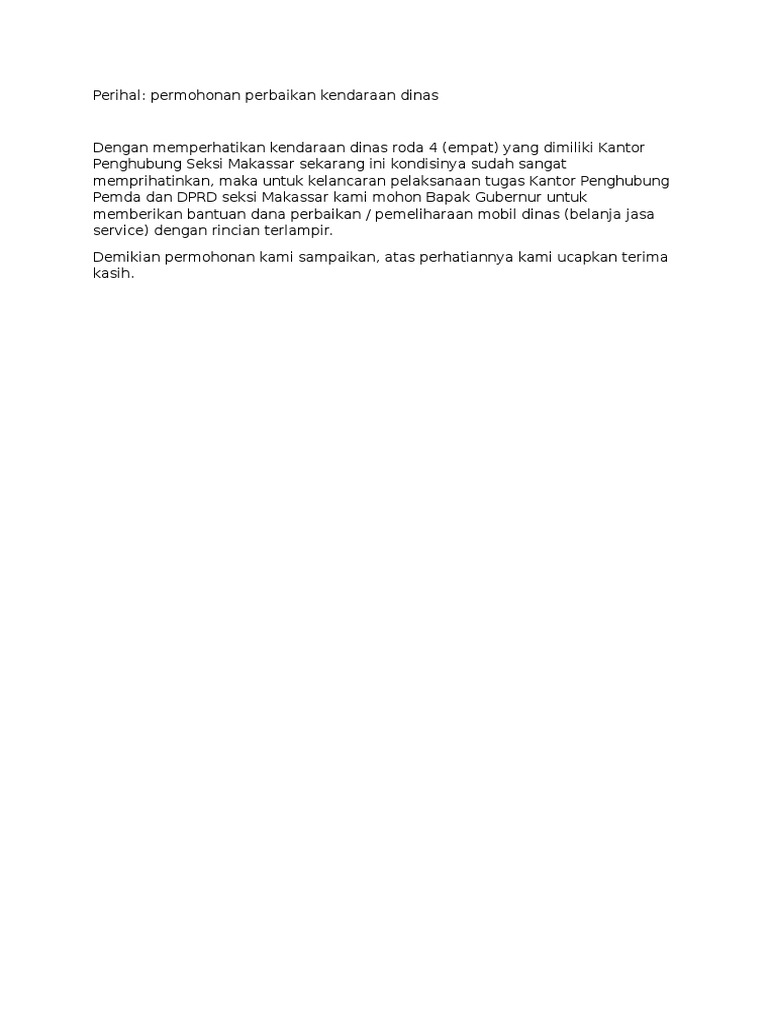 Surat Perbaikan Mobil