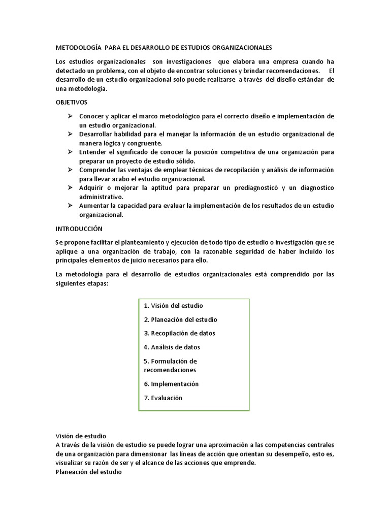Metodología PARA EL DESARROLLO DE ESTUDIOS ORGANIZACIONALES Objetivos e ...