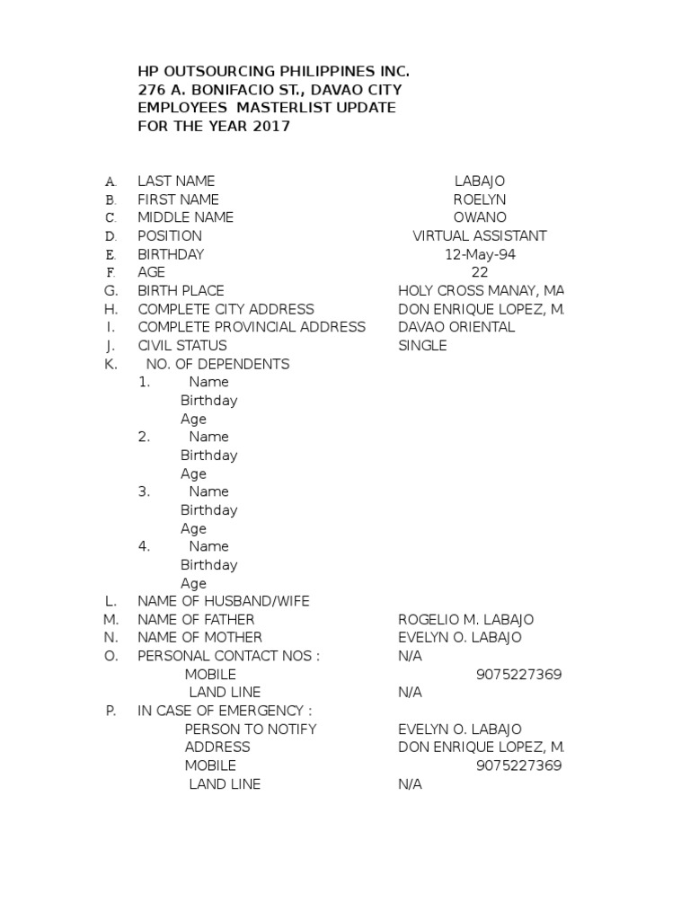 2017 Employee Masterlist Update | PDF