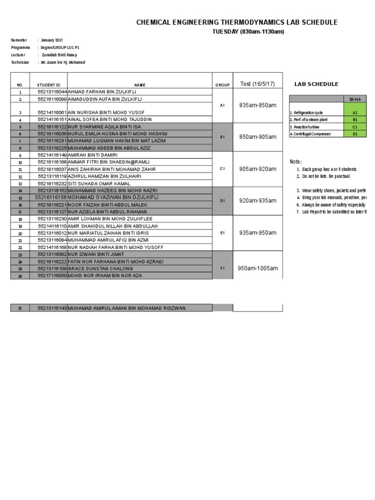 Chemical Engineering Lab Schedule 2017 | PDF | Liquids | Thermodynamics