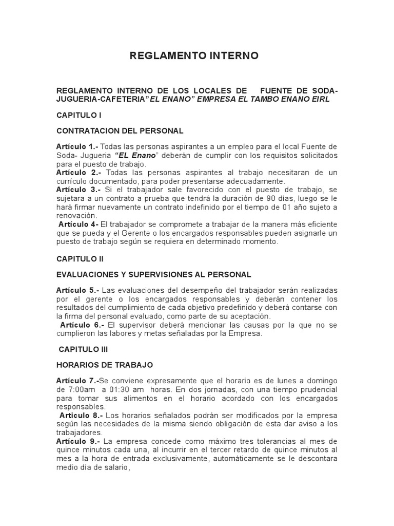 Reglamento Interno Del Local Fuente de Soda El Enano 1 (Carlos Alfredo  Cruces Atauje) | PDF | Servicio al Cliente | Votación