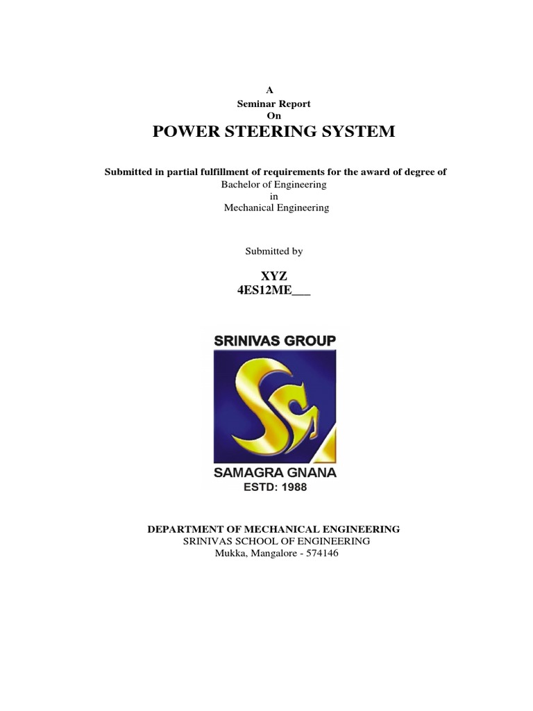 Power Steering System A Seminar Report On PDF Steering Motor Vehicle