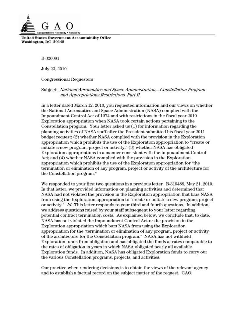 GAO Letter July | PDF | Nasa | Appropriations Bill (United States)