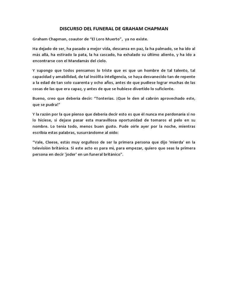 Traducción Discurso Del Funeral de Graham Chapman. PDF