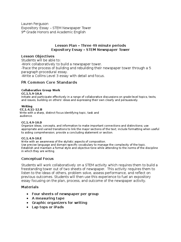 Pa common core standards lesson plan three 49 minute periods