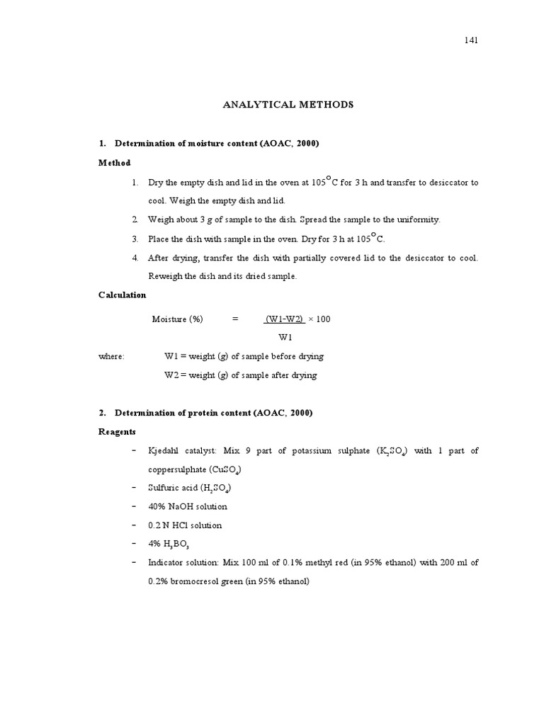 Analytical Methods Determination of Moisture Content (AOAC, 2000