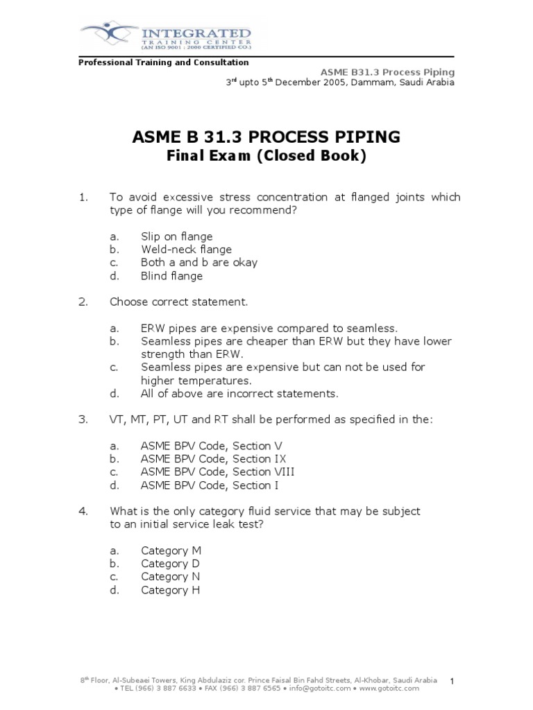 ASME B31.3 Piping Exam Questions | PDF | Pipe (Fluid Conveyance) | Gases