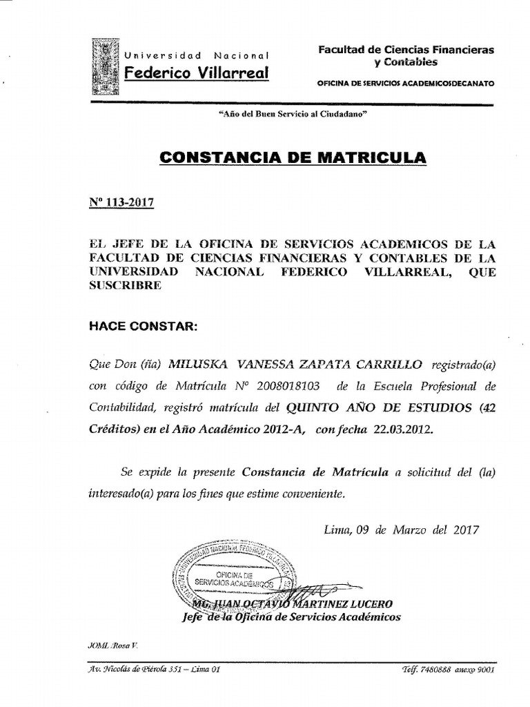 Constancia de Matrícula de La Universidad Nacional Federico Villarreal PDF