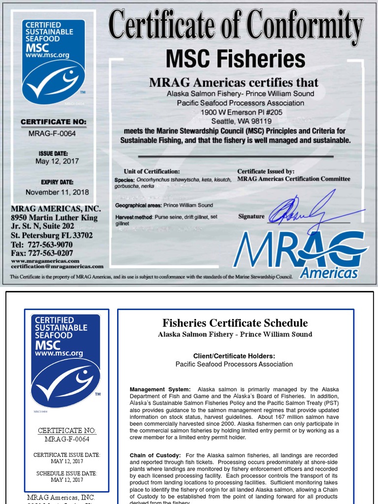 MSC Certificate For Prince William Sound Salmon PDF Fish Fishing