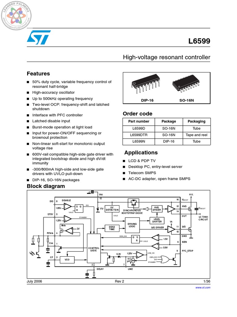 L6599 High-Voltage Resonant Controller | PDF | Capacitor | Mosfet