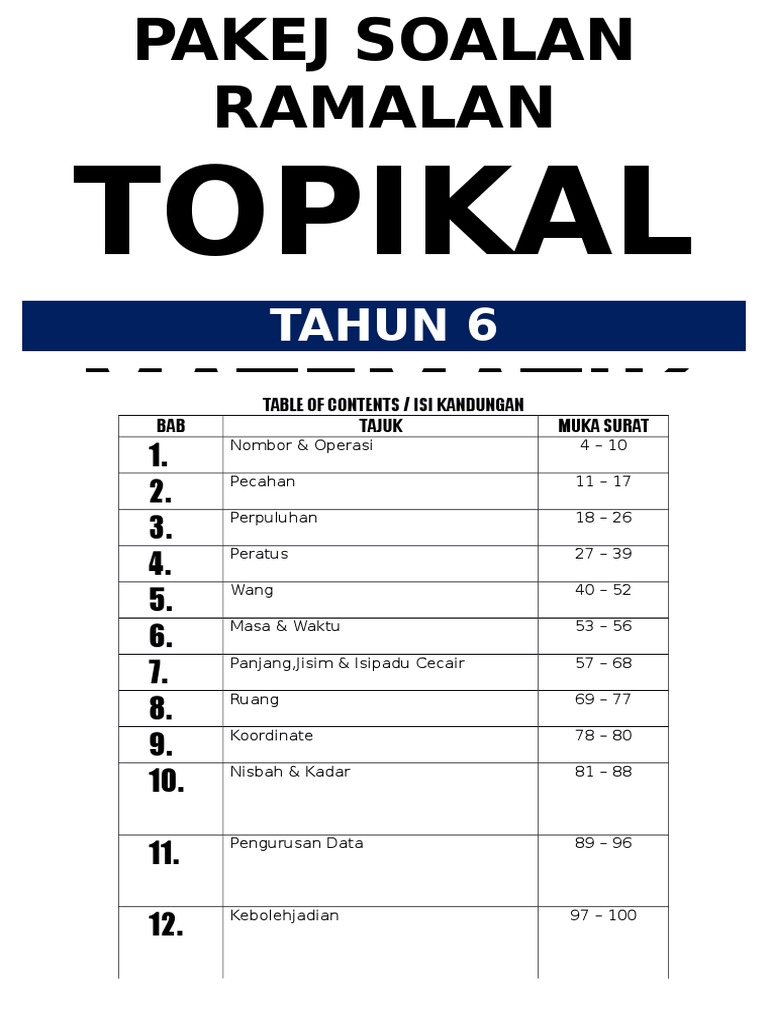 Pakej Soalan Ramalan Topikal Maths Tahun 6 2016 Baru Pdf