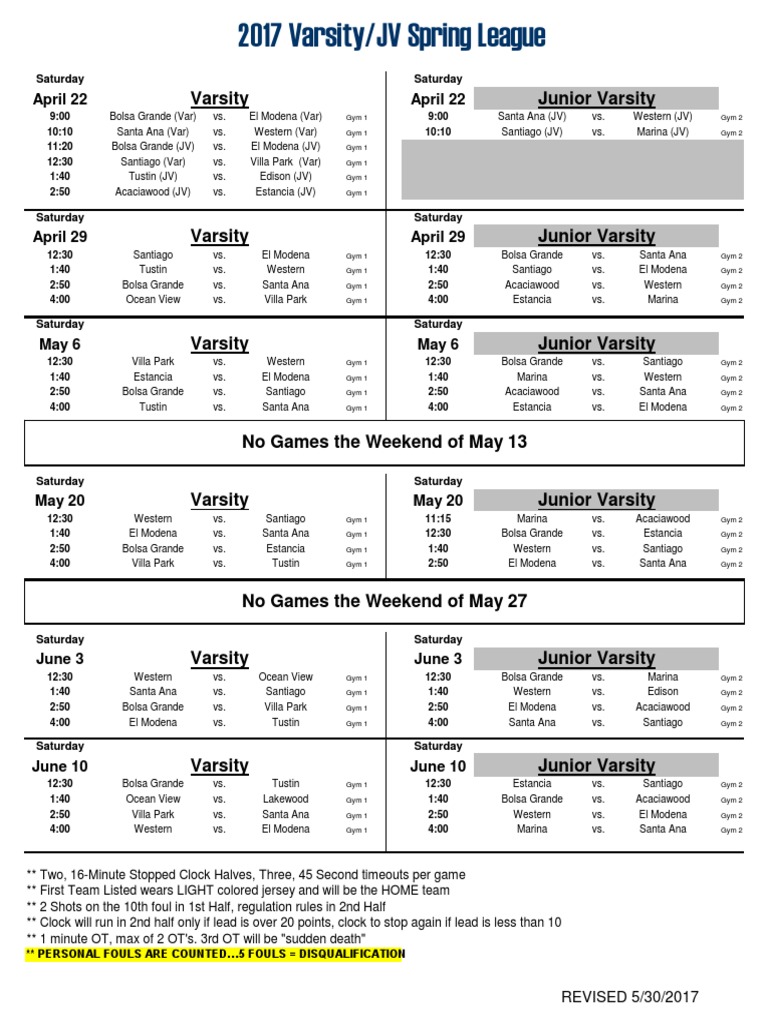2017 Var JV Spring League Schedule v5 Updated 5-30 | PDF | Sports ...
