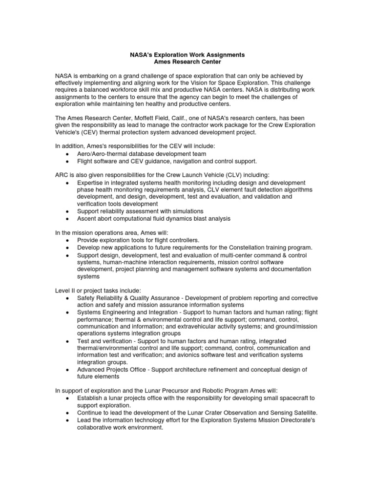 NASA's Space Exploration Work Assignments | PDF | Nasa | Ames Research ...
