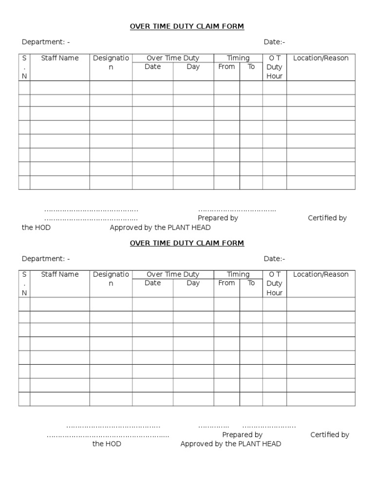 Overtime Duty Claim Form Template | PDF