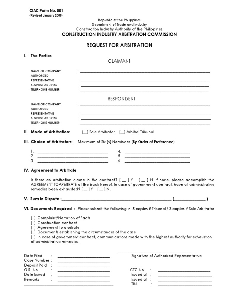 Request for Arbitration Form CIAC | PDF | Arbitration | Common Law